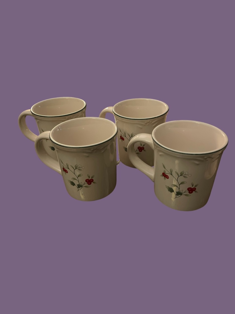 Pfaltzgraff Winterberry Coffee Mug Christmas Mistletoe & Holly Berries/Set of 4